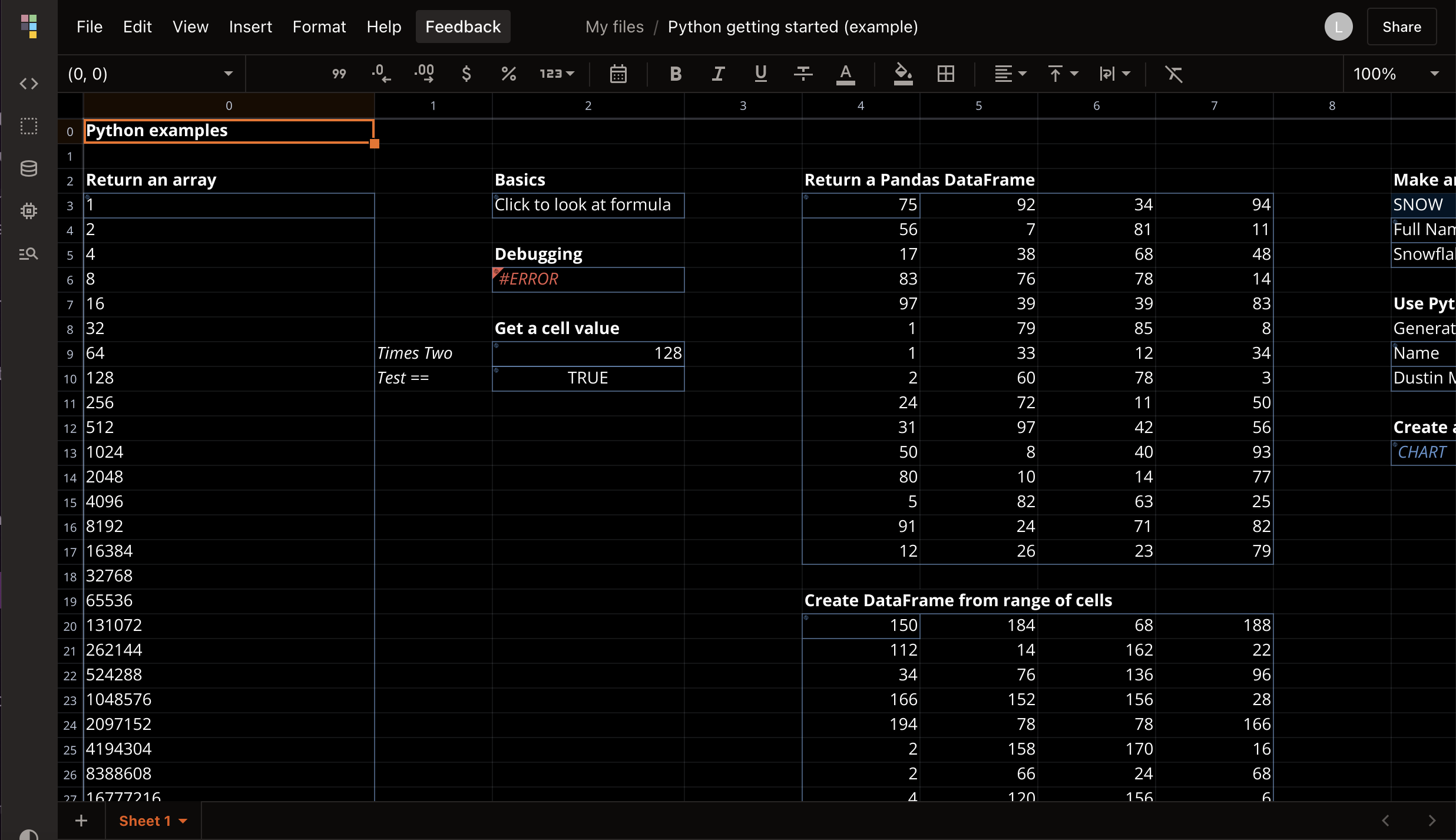 Image of Quadratic spreadsheet with dark mode enabled.