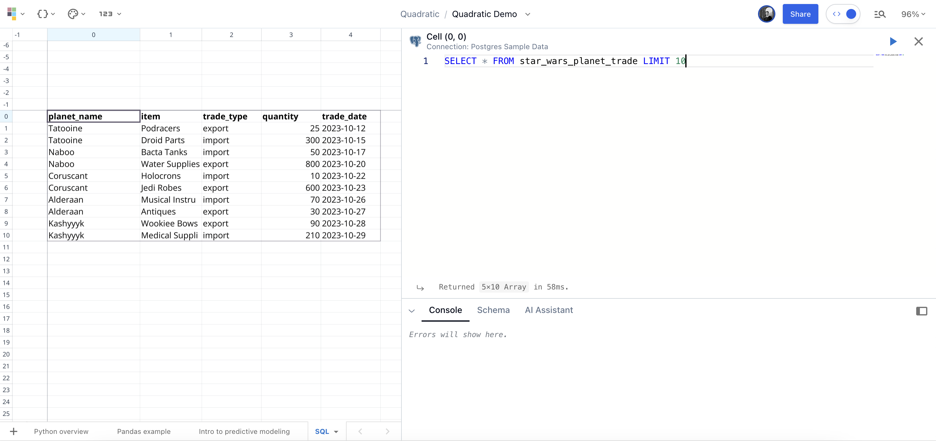 Example of a spreadsheet SQL query in Quadratic.