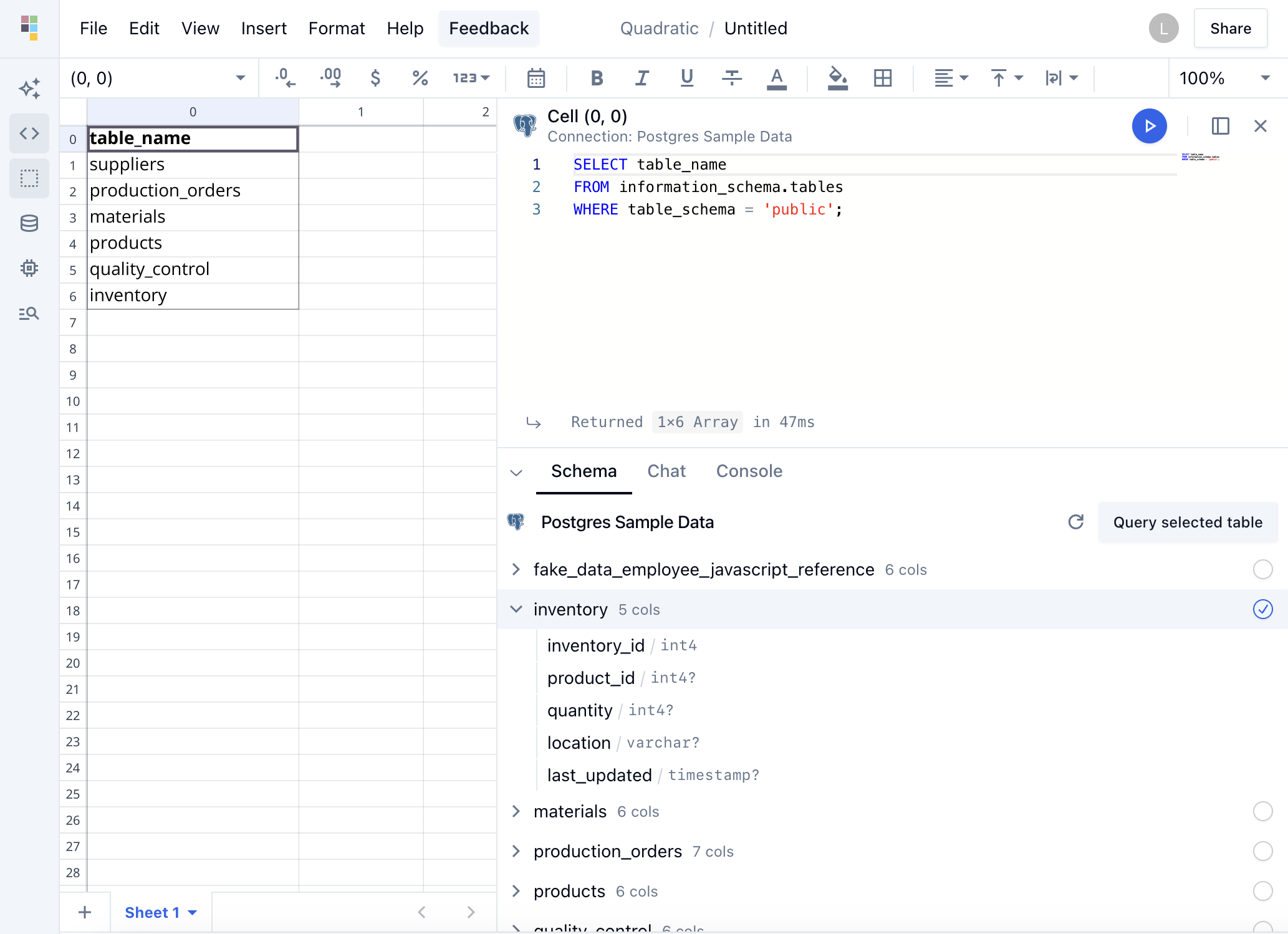 Example of SQL in Quadratic.