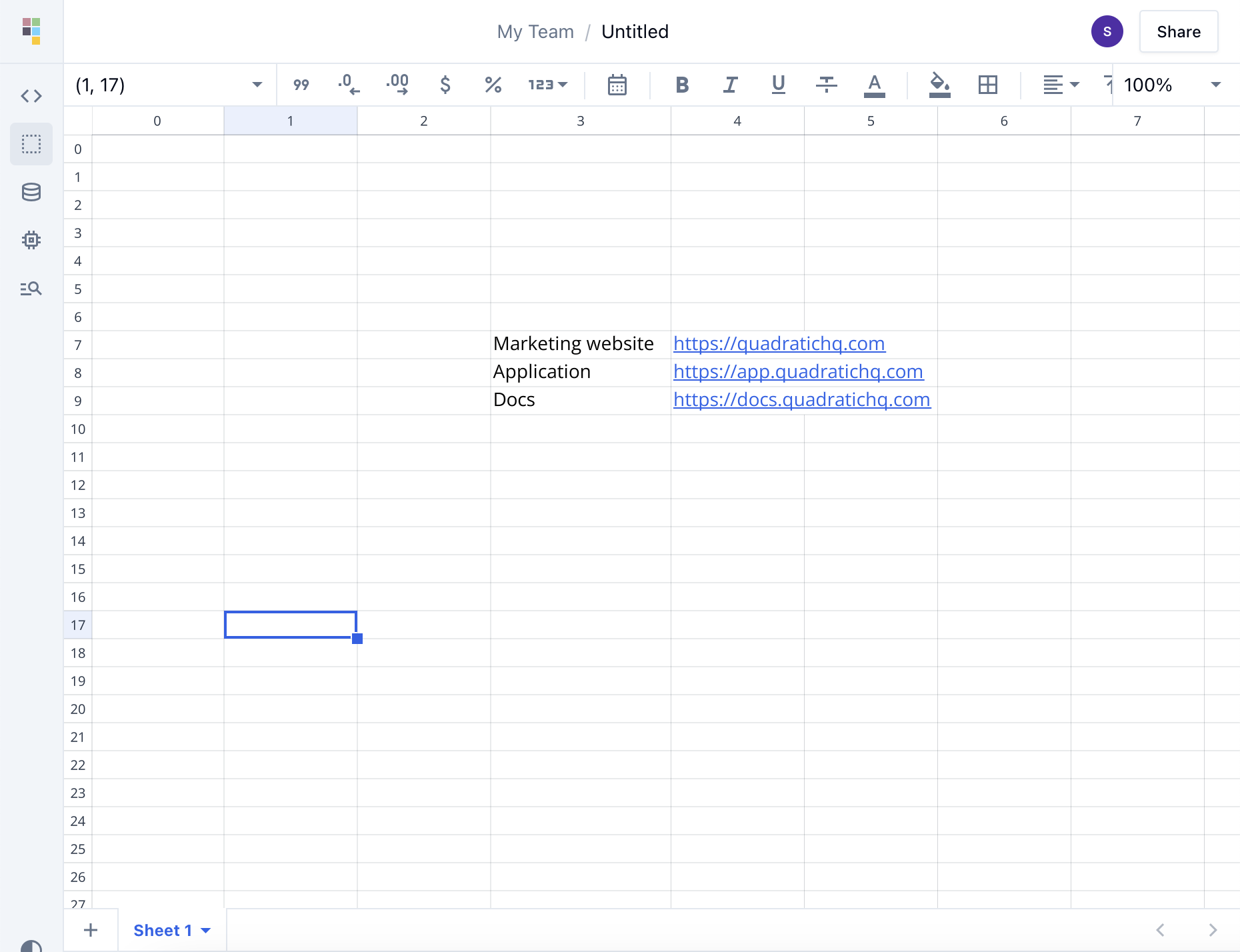 Image of links in a Quadratic spreadsheet.